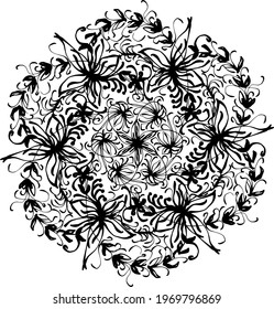 wreath of branches with leaves and flowers. Vector Black and white circle flower ornament, ornamental round lace design. Floral mandala. Hand drawn ink pattern hand drawing. Modern style trendy shapes
