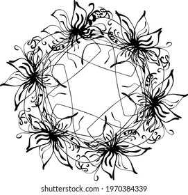 wreath of branches with leaves and flowers. Vector isolated contour decorative squiggle wreath for invitation card frame for weddings and cards
