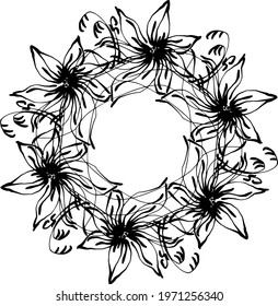 wreath of branches with leaves and flowers. Vector isolated contour decorative squiggle wreath for invitation card frame for weddings and cards