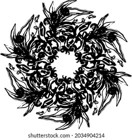 wreath of branches with leaves and flowers. Vector isolated contour decorative squiggle wreath for invitation card frame for weddings and cards