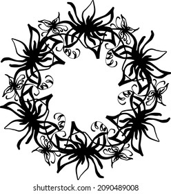 wreath of branches with leaves and flowers. Vector isolated contour decorative squiggle wreath for invitation card frame for weddings and cards