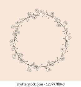 A wreath of branches with leaves. Openwork black and white river vector drawing. Isolated vintage illustration.