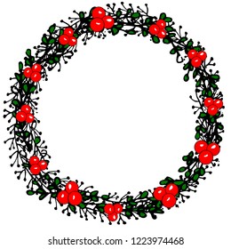wreath of branches, leaves, red berries