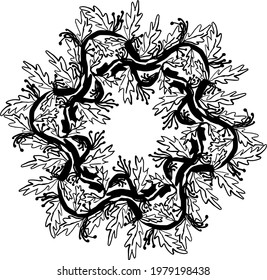 corona de ramas con hojas. Vector aislado contorno de la guirnalda decorativa para marco de tarjeta de invitación para bodas y tarjetas