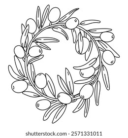 wreath of branches with olives in the outline. An isolated closed illustration. An environmentally friendly product with olive oil content. symbol of natural product. Contrasting outline for coloring