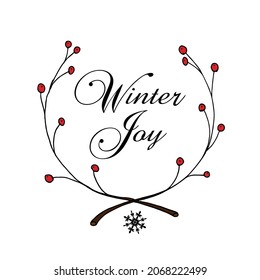 Wreath from branches with red winter berries on a white background, winter joy concept, vector illustration