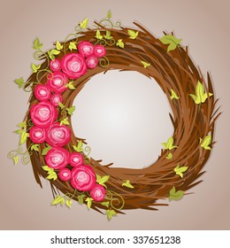 The wreath of branches, roses and ivy.