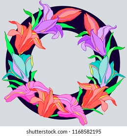 Wreath with bright flowers lilies for greetings