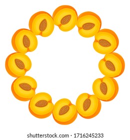 Wreath from bright peach fruit with space for text. Cartoon organic sweet food. Summer fruits for healthy lifestyle. Vector illustration for any design.