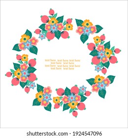 A wreath of bright spring flowers. Template for a greeting card.