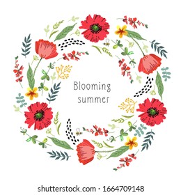 Wreath with bright summer flowers.  Folklore motifs, stylization of embroidery. Vector illustration. Manual graphics. Suitable for decorating various surfaces.