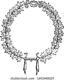 La corona es un montón de hojas, es un patrón circular, dibujo de líneas vintage o ilustración grabadora.