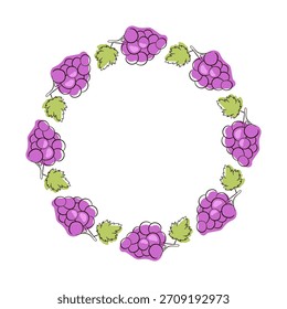 Wreath with bunch of wine grapes with leaf in flat style.