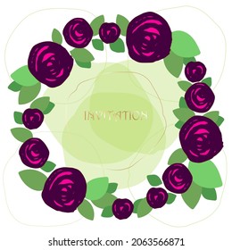 Wreath of burgundy roses, golden line frame and transparent round green stains on a white background. Vector design template for card, cover, poster, social media, invitation. 