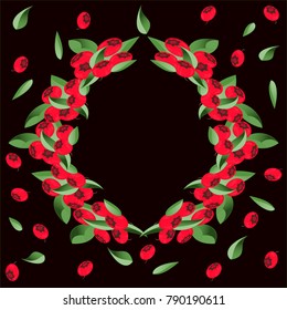 Wreath of bushes of bilberries on  dark background. Vector illustration for design of packaging, stikers, flyers, postcards, posters.