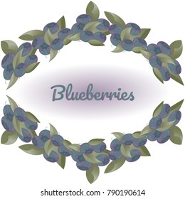 Wreath of bushes of blueberries on dark background. Vector illustration for design of packaging, stikers, flyers, postcards, posters.