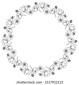 Wreath of Buttercup flowers.Layered vector file.Buttercup.For cards, invitations, brochures, business cards, restaurant menu blue background.Black contour drawing of buttercups on a white background.