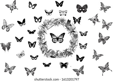 Wreath of butterflies and flowers  Stencil butterfly, moth wings and flying insects. Butterflies tattoo sketch, fly insect black hand drawn engraving. Isolated vector illustration icons set
