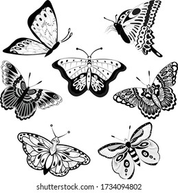 Wreath of butterflies and flowers Stencil butterfly, moth wings and flying insects. Butterflies tattoo sketch, fly insect black hand drawn engraving. Isolated vector illustration icons set.