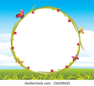 Wreath with butterflies and red flowers. Vector