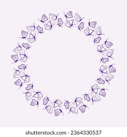 Wreath butterflies sketch. Circle cute vintage draw frame vector illustration. Hand drawn insects.