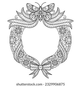 Wreath butterfly and flowers hand drawn for adult coloring book