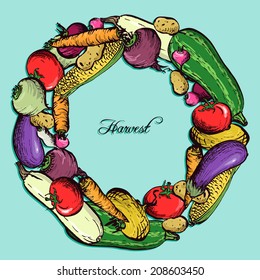 Wreath by drawing vegetables,  hand drawn vintage vector illustration