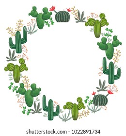 Wreath with cacti, succulents and floral elements. Vintage vector botanical illustration in watercolor style.
