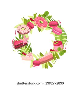 Wreath of cake and greens. Decorated with raspberry berries. Vector illustration on white background.