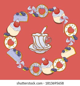 A wreath of cakes, cookies, blueberries and candy canes.
Bright detailed image on a red background. Template for design, advertising.