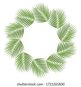 Wreath from cartoon detailed exotic coconut leaves with space for text. Cartoon organic sweet food. Summer fruits for healthy lifestyle. Vector illustration for any design.
