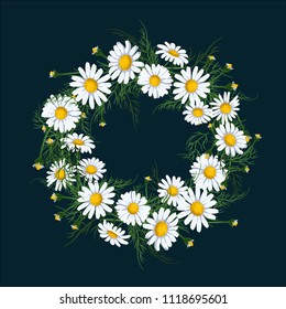 Wreath of chamomile flower on deep blue background vector illustration. Midsummer holiday background concept.