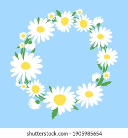 Wreath of chamomile flower on deep blue background vector illustration. Midsummer holiday background concept.