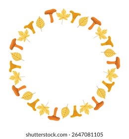 Uma coroa de cogumelos e folhas chanterelle. Ilustração botânica. Ilustração vetorial