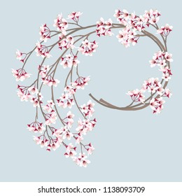 Wreath of cherry blossom branches, sakura flower branches, sweet pink flowers. Vector illustration.