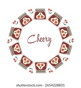 Una corona de flores con mermelada de cereza. Ilustración para embalaje y decoración. Ilustración de comida. Frascos con cereza