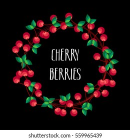 Wreath of cherry on black background. Vector background.