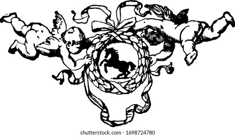 Wreath with cherubs have a horse center in its design, vintage line drawing or engraving.