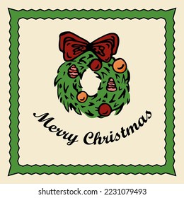 Wreath Christmas. Card template. Doodle colors style. Yellow, red, green colors. Vector illustration. Design for greeting cards, postcards, cover, print, web, frame, post social media, wall, picture