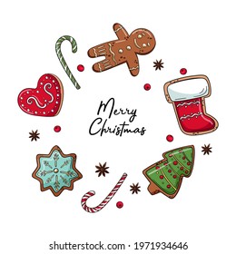 Wreath with christmas decor. Gingerbread, snowflake, Christmas tree. Lettering. Isolated elements. White background. Vector illustration