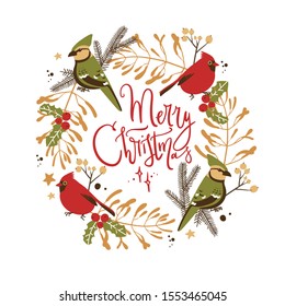 Wreath with Christmas decorative elements - cardinal and jay bird sitting on plants and branches. Traditional symbols, greeting card, vector illustration. Merry Christmas lettering