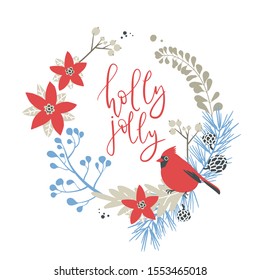 Wreath with Christmas decorative elements - red cardinal bird sitting on plants and branches. Traditional symbols, greeting card, vector illustration. Holly jolly calligraphy