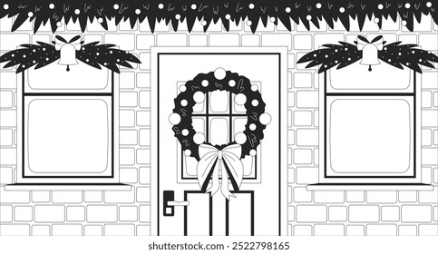 Wreath Christmas front door black and white line illustration. House porch Xmas decorations 2D interior monochrome backdrop. Fir garlands frontdoor. Winter festive ornaments doorway scene vector image