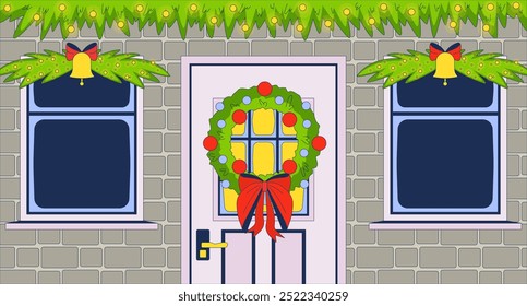 Wreath Christmas front door flat illustration. House porch Xmas decorations 2D interior cartoon background. Fir garlands frontdoor. Winter festive ornaments doorway exterior scene vector image