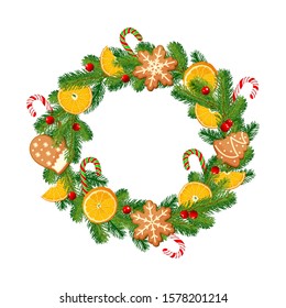 Wreath Christmas green tree, cones, gingerbread cookies, oranges, red berries. Decor for a greeting card. Vector image. Isolate on white background.
