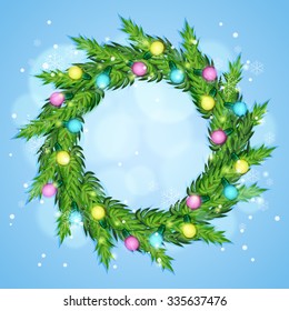 wreath with christmas lights. Winter background. Vector illustration