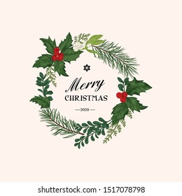 Wreath with christmas plants. Vector botanical illustration. Vintage christmas card.