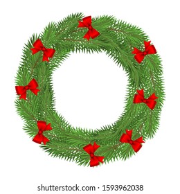 Wreath of Christmas tree branches isolated on a white background.