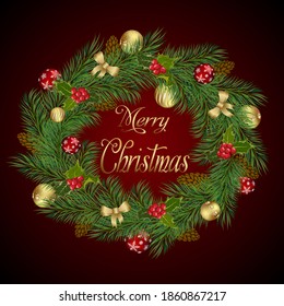 Wreath of Christmas tree branches.Colored illustration with a decorated Christmas wreath on a colored background.