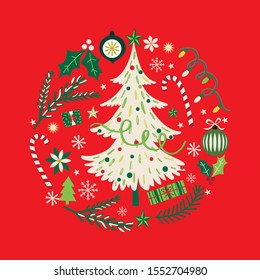 Wreath with Christmas tree and Christmas ornament, vector illustration